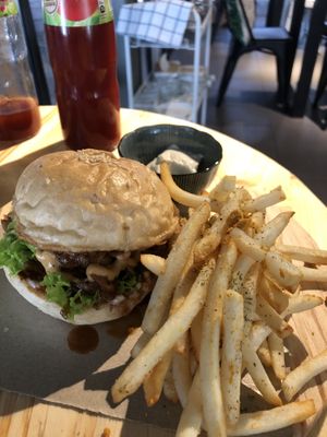 mushroom burger at Pando Cafe in Kota Kinabalu