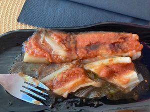 Leek with tomatoe at Restaurante Amaltea in Cordoba