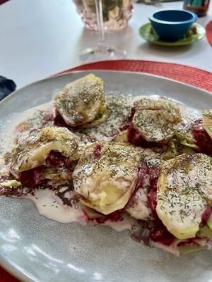 Potato, beetroot and avocado with dill saucee  at Restaurante Amaltea in Cordoba