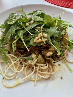 Pasta with artichokes and pine nuts  at Restaurante Amaltea in Cordoba