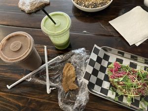 I call this breakfast the hangover cure. The awakening smoothie -> Green Machine Juice -> Chocolate chip cookie -> Avocado toast  at Root in Newport