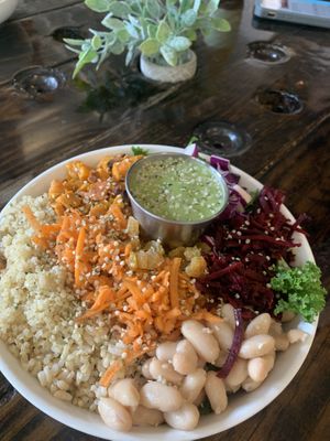 Sweet potato bowl with oil free avocado dressing  at Root in Newport