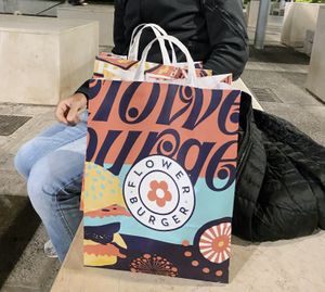 Eating our takeaway in a nearby park  at Flower Burger in Bari