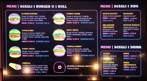 Full menu of burgers and sides at Flower Burger in Bari