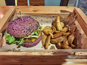 Cherry bomb burger and fries at Flower Burger in Bari