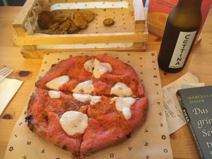 Pizza menu with fried eggplant and artisanal beer  at Flower Burger in Bari