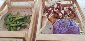 Edamame, Flower Burger and Patate Bravas at Flower Burger in Bari