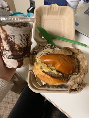 Got the mint and cookies and cream shake and the vegan impossible burger with vegan cheese  at Bareburger in Atlanta
