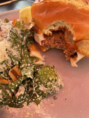 Mozza melt burger with side Caesar salad at Nateure's Plate in Peterborough