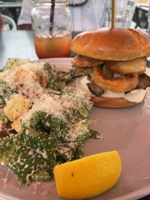 Mozza melt burger with side Caesar salad at Nateure's Plate in Peterborough