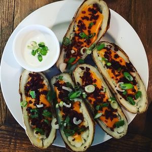 Loaded potato skins at Nateure's Plate in Peterborough
