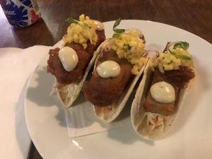 Fish (hearts of palm) tacos with coleslaw, mango salsa and tarter sauce   at Nateure's Plate in Peterborough