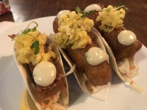 Fish (hearts of palm) tacos with coleslaw, mango salsa and tarter sauce.  at Nateure's Plate in Peterborough