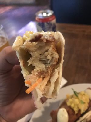 Fish (hearts of palm) tacos with coleslaw, mango salsa and tarter sauce.  at Nateure's Plate in Peterborough