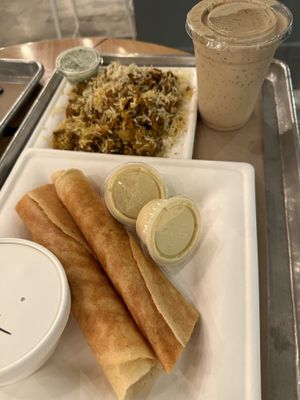 Masala dosa wrap, Biryani, and South Indian Coffee Shake  at Art of Dosa in Chicago