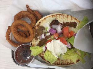 Gyro with onion rings at Gentle Grill in Temecula