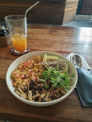 Very different scrambled tofu. I get mushrooms instead of bread at Nourish in Hoi An