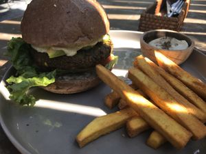Falafel burger & sweet potato chips (120k) vegan mayo at Nourish in Hoi An