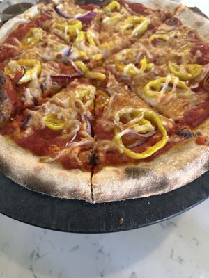 Wood fired pizza with red onion and banana peppers  #Veganuary at The Informalist in Eau Claire