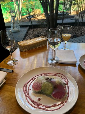 Salad, view of the garden at Longing House Restaurant in Nagano