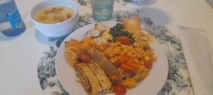 Leek & potato soup with buffet options (including salad & houmous) at Donna Veggie in Guimaraes