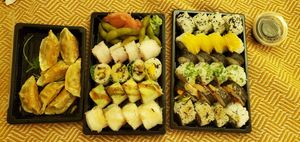 Dumplings and sushi at Legumi Sushi Vegan in Lisbon