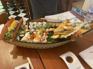 Tasting menu sushi boat!  at Legumi Sushi Vegan in Lisbon