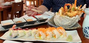 Rice paper rolls and tempura at Legumi Sushi Vegan in Lisbon