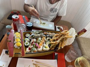 Sushi boat with tempura   at Legumi Sushi Vegan in Lisbon