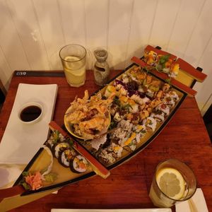 Sushi boat with lots of different Sushi and fried veggies at Legumi Sushi Vegan in Lisbon