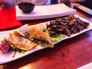 Mix of shiitake and gyoza at Legumi Sushi Vegan in Lisbon