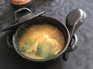 Miso soup at Legumi Sushi Vegan in Lisbon