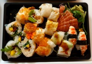 A variety of sushi + vegan salmon at Legumi Sushi Vegan in Lisbon