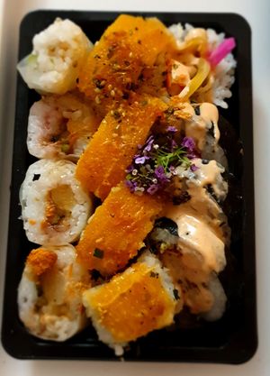 Every box came with beautiful flowers at Legumi Sushi Vegan in Lisbon