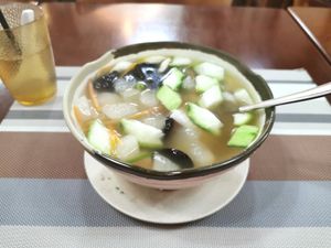Watermelon and seafood soup with rice at Cute Fei in Kowloon