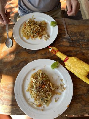 Pad Thai with tofu. Featuring the chicken you use to call your waiter 😂 #Veganuary at Hug in Chiang Mai