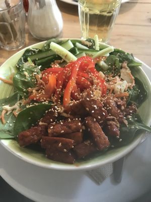 Tempeh tofu with sobs noodles - really tasty at HartBiet in Amsterdam