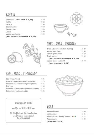 Menu as of 4 August 2022. The menu might’ve been updated since the menu inside stated the hummus sandwich and “roze koek” are vegan.   at De Roos in Amsterdam
