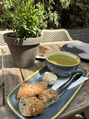 Fab vegan soup with humus   at De Roos in Amsterdam