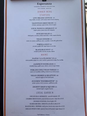 Vegan menu  at Cocina del Mar at Esperanza in Cabo San Lucas
