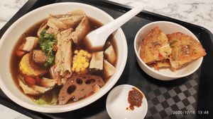 Lion's Mane Mushroom Herbal Soup with Golden Veggie Fritter and Special Chilli at Thunder Tree 擂茶树 - VivoCity in Central Singapore