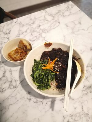 Vinegar, ginger, mushroom, Jew's ear stew with brown rice and carrot cake on the side. at Thunder Tree 擂茶树 - VivoCity in Central Singapore