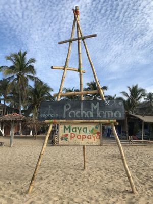 The wholes place name is “Pacha Mama” incl. Restaurant and camping area. You can find this piece in front of the place/ beach front  at Maya Papaya in Oaxaca