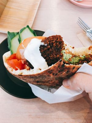 Yum yum falafel burger!!!  at Chick Peace 칙피스 - Gangnamgu in Seoul