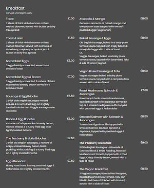 Menu at Peaberry Coffee House - Albert Dock in Liverpool