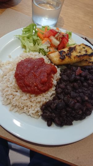 Rice with fried banana and black beans at La Piparra in Bilbao