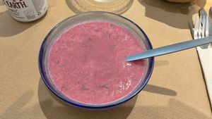 Cold beetroot soup with dill. Refreshing! at La Piparra in Bilbao
