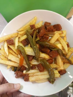 Patatas con chorizo y pimientos at La Piparra in Bilbao