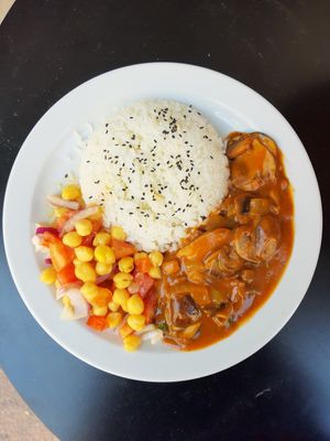 Mushroom strogonof with chickpea salad and rice at La Piparra in Bilbao