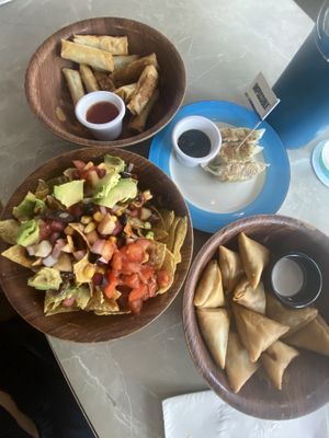 All vegan appetizers. Spring rolls, nachos, potstickers, and samosas  at Privé - Wheelock Place in Central Singapore
